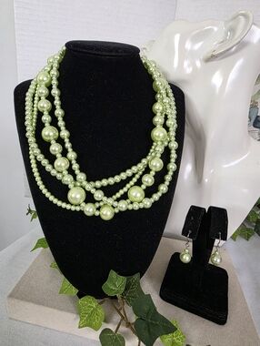 Vibrant Lime Pistachio Green Multi-Strand Faux Pearl Necklace & Earrings Set